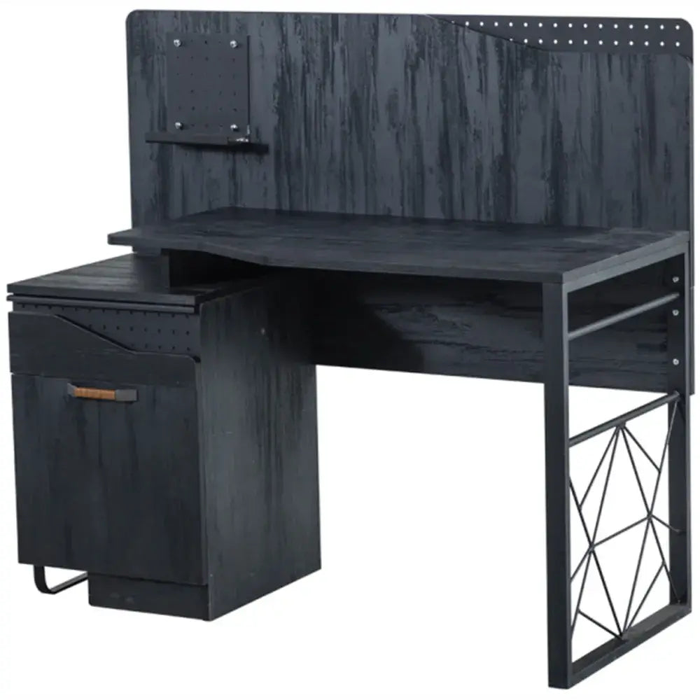 Dark desk with geometric metal legs, built-in storage, and hutch for Lynda Kids