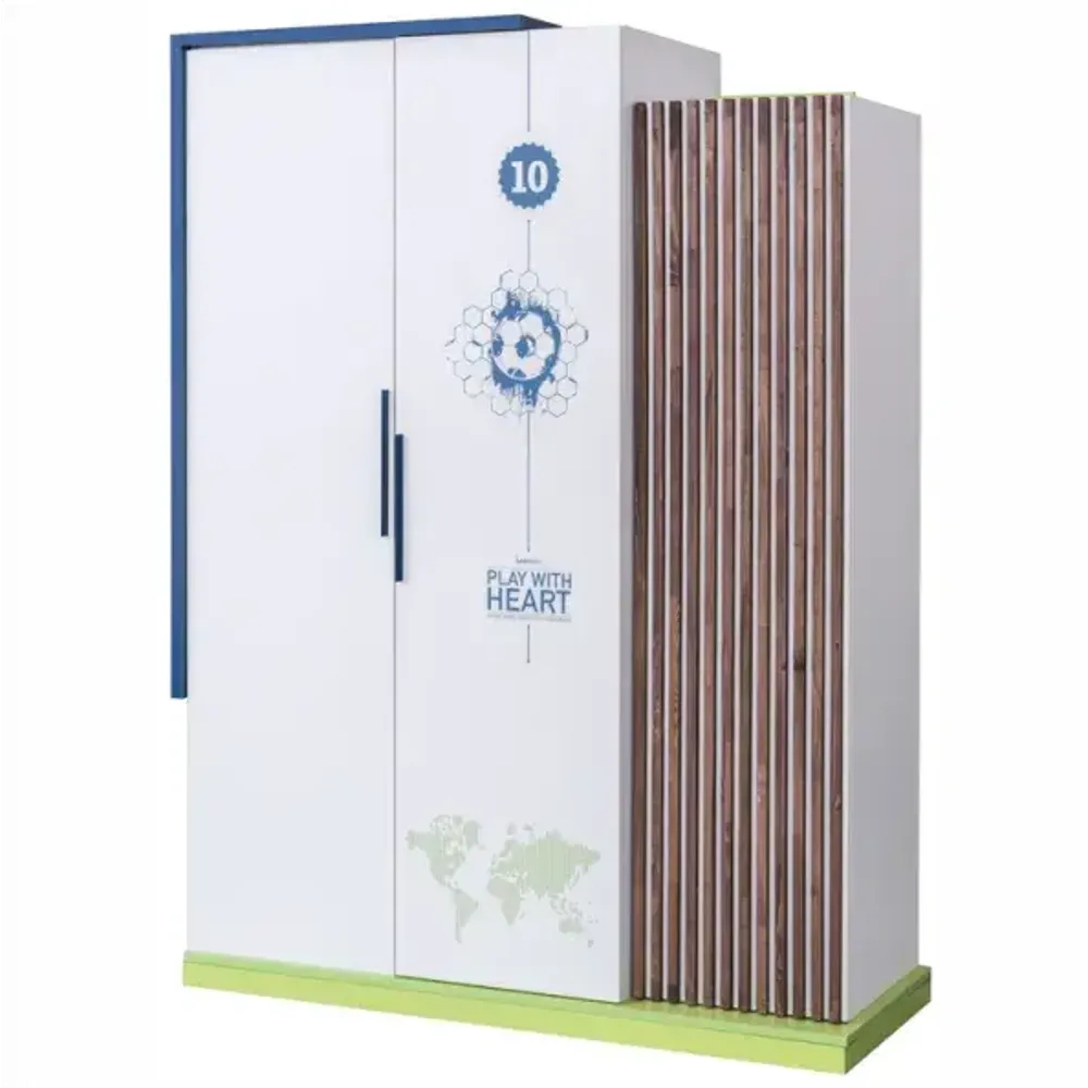 Legend Armoire by Lynda Kids featuring a white two-door design with blue handles and open shelving