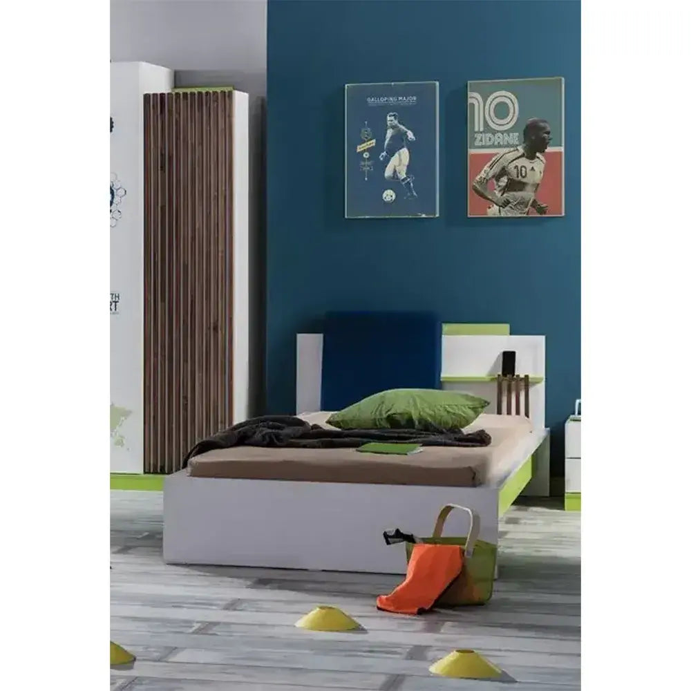Legend Bed with blue headboard and lime green accents for Lynda Kids bedroom style