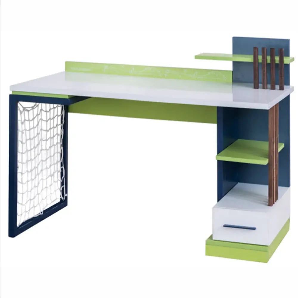 Legend Desk by Lynda Kids with white and green finish, blue accents, soccer goal side