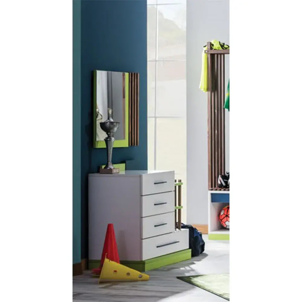Legend Dresser by Lynda Kids featuring a white finish and green base for stylish storage