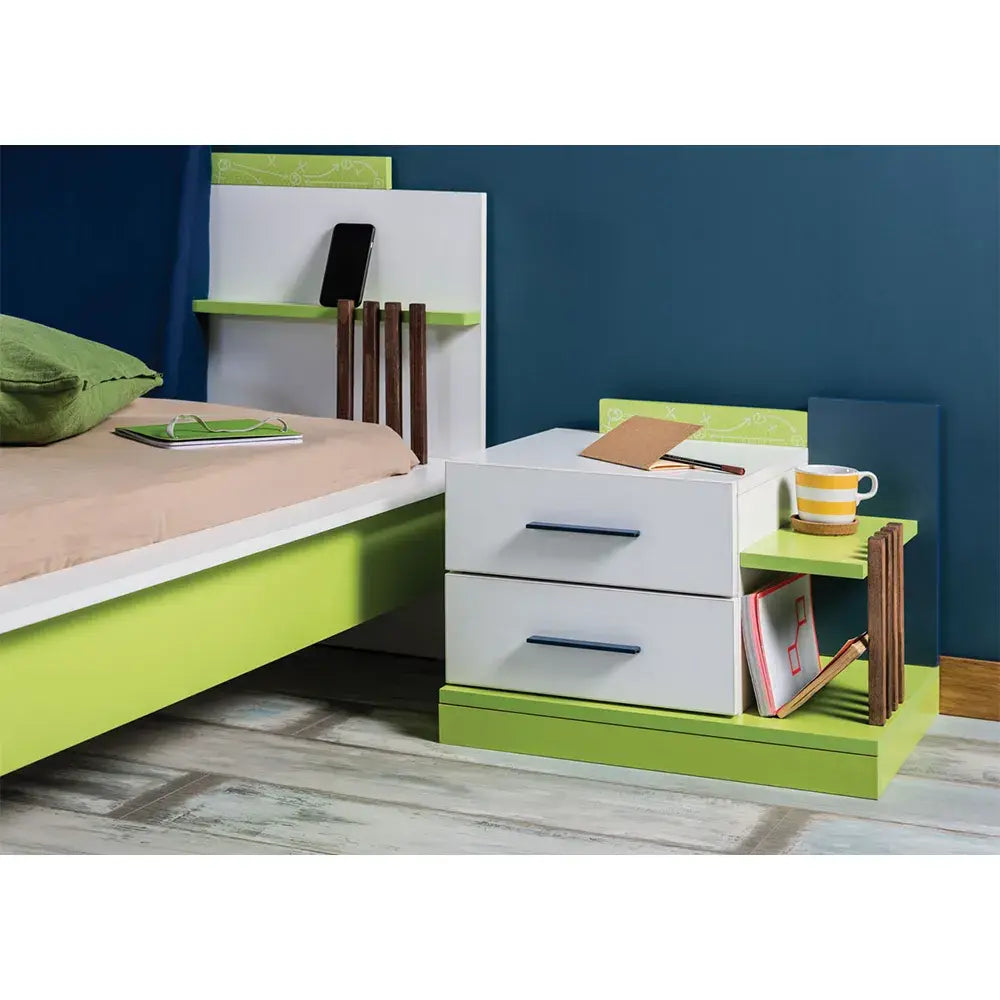 Legend Nightstand with vibrant lime green base, white accents, and built-in shelf