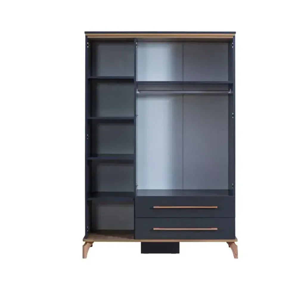 Dark gray Loft Nursery Armoire by Lynda Kids with shelves, drawers, and hanging rod