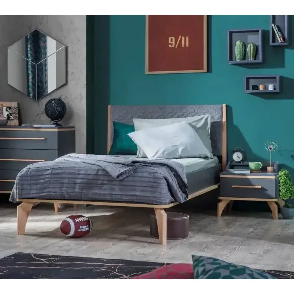 Loft Bed with light wood frame and gray fabric headboard for Lynda Kids bedrooms