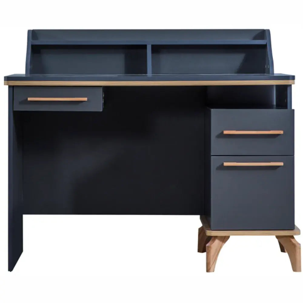 Modern dark grey Loft Desk with light wood accents, storage shelf, and drawers for Lynda Kids
