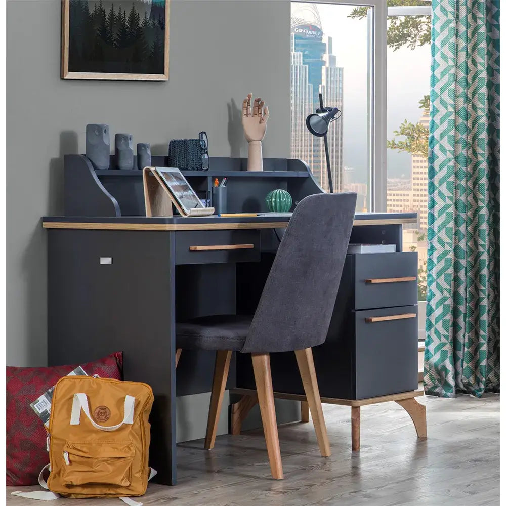 Loft Desk with built-in hutch, tablet stand, drawers, and matching chair for Lynda Kids