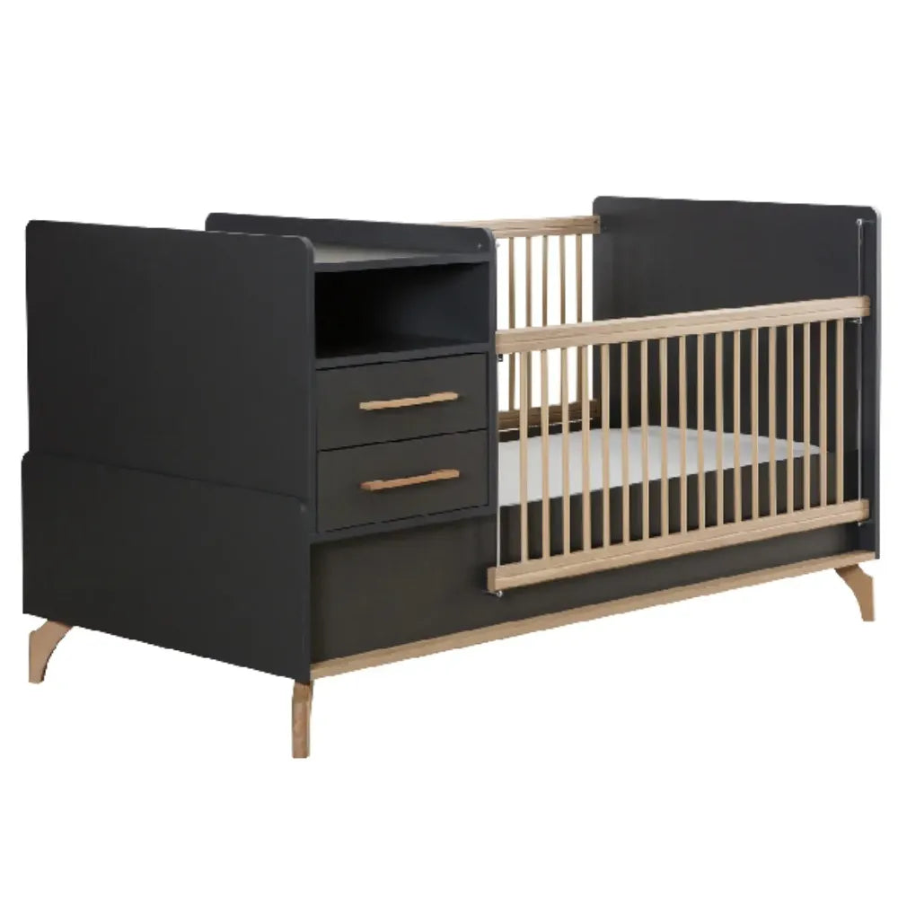 Loft Crib by Lynda Kids with dark gray and light wood finish, storage width, and changing table