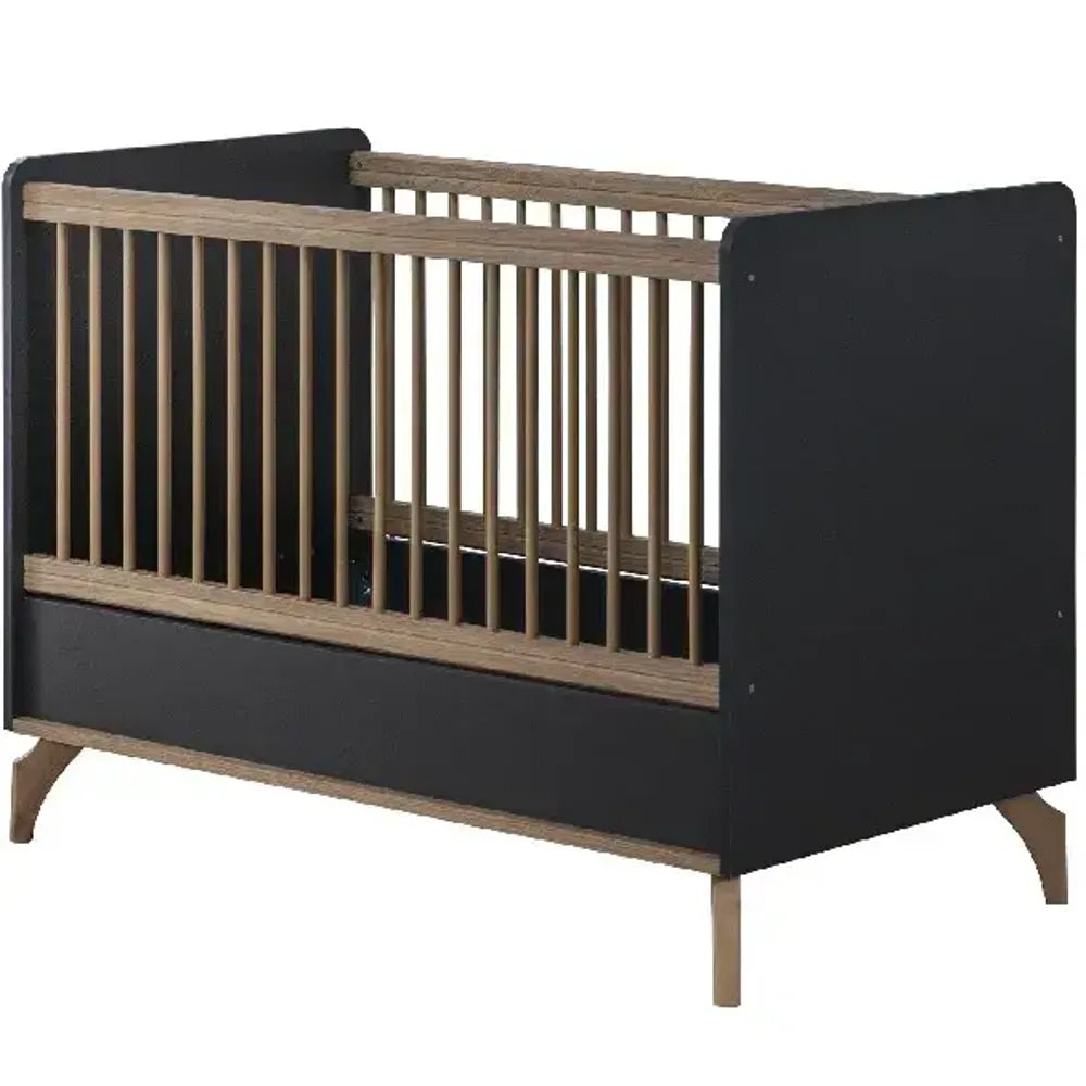 Black and wood Loft Crib with slatted sides and solid base by Lynda Kids