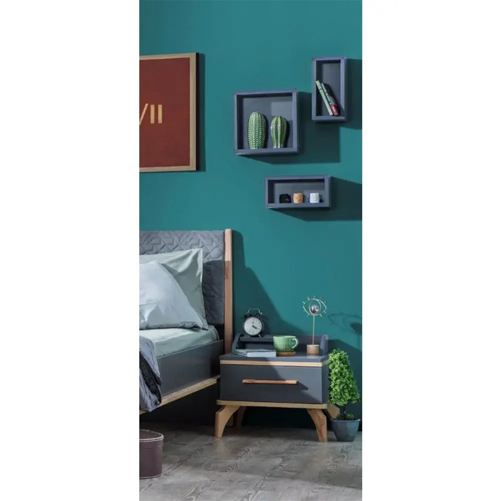 Modern bedroom set with loft nightstand, bed frame, and wall shelves for Lynda Kids