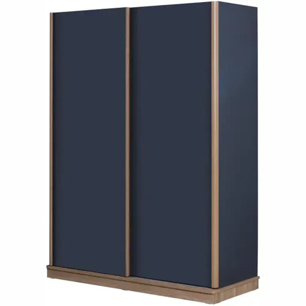 Loft Nursery Armoire with dark blue sliding doors and light brown trim by Lynda Kids