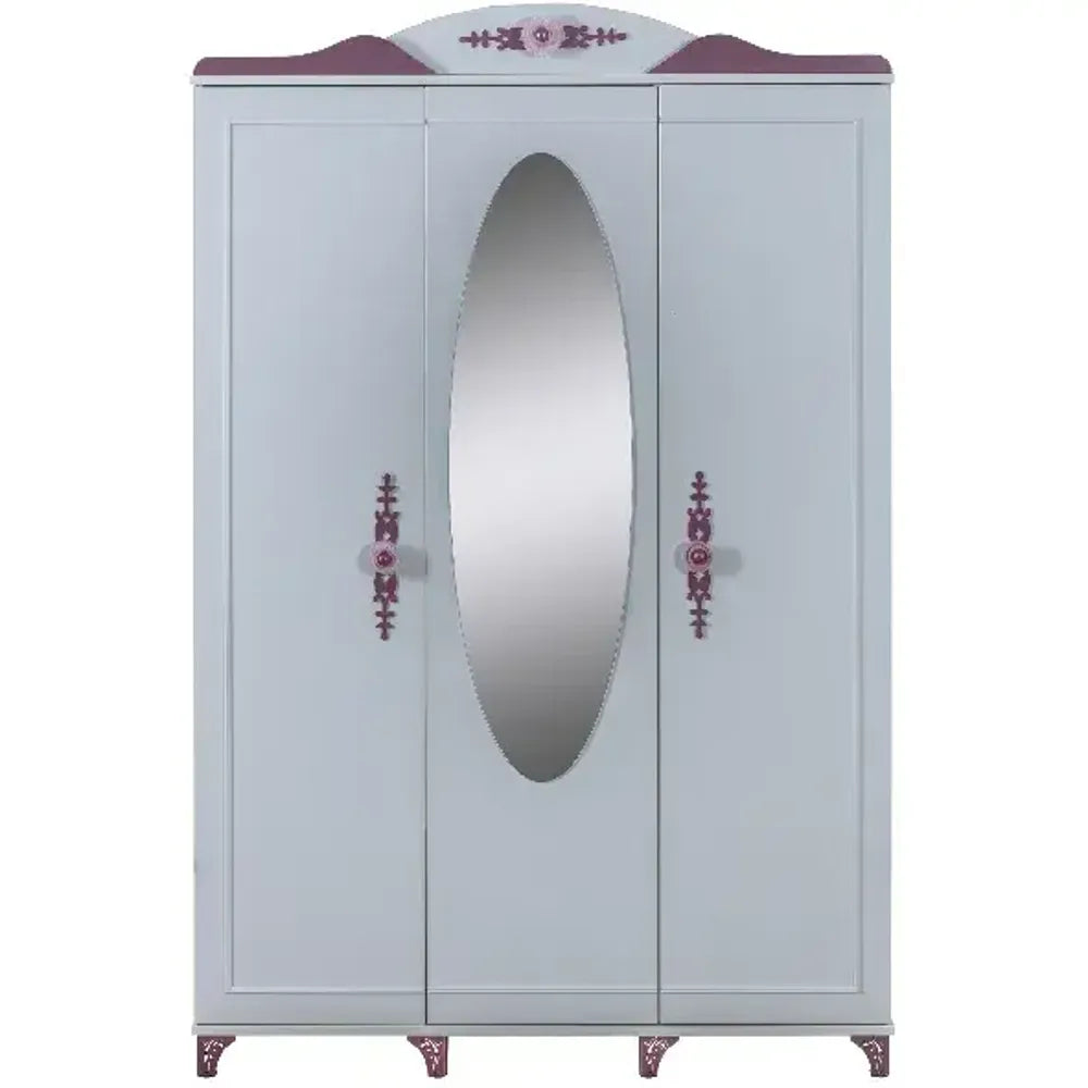 Queen Armoire by Lynda Kids with three doors, oval mirror, purple accents, and handles