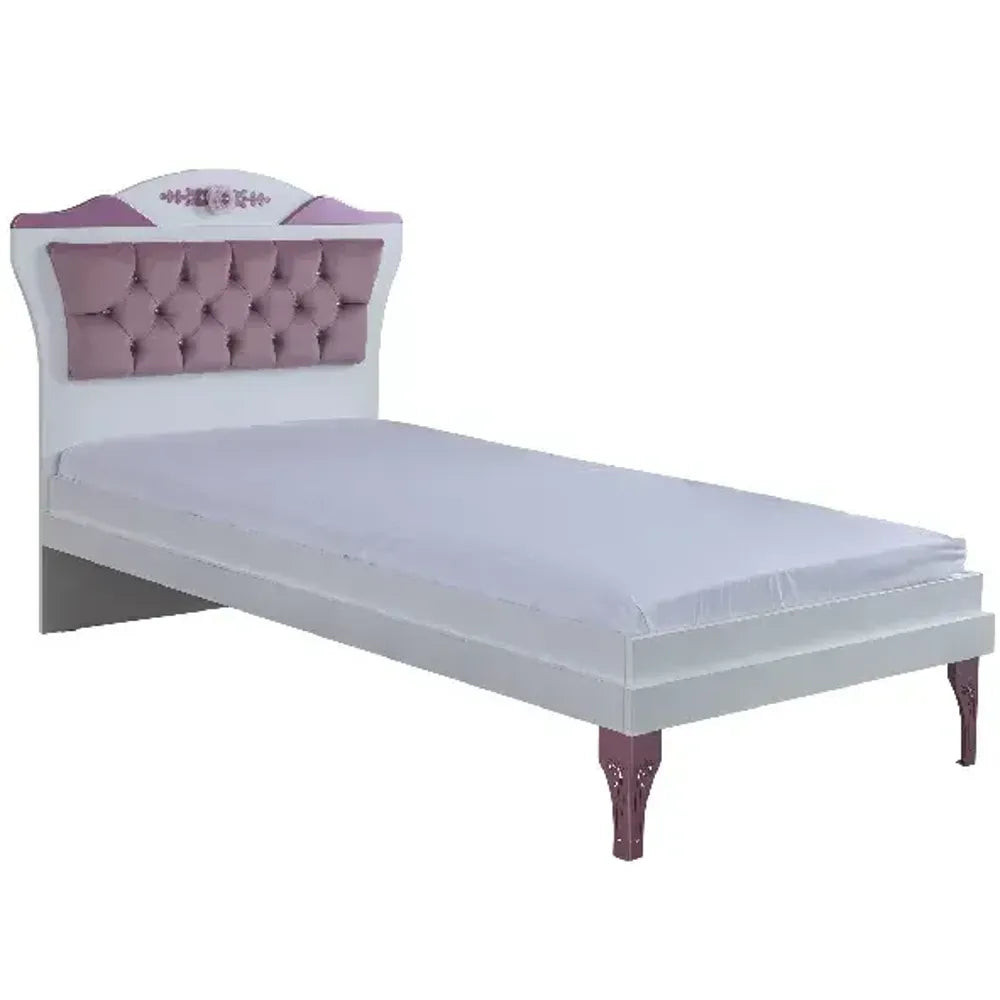 White single bed with tufted pink headboard and pink legs for Lynda Kids Queen Bed