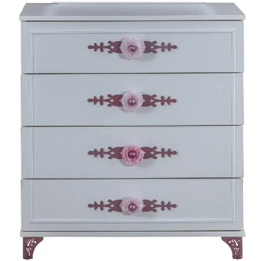 White Queen Dresser with pink floral knobs and ornate dark pink backplate for Lynda Kids