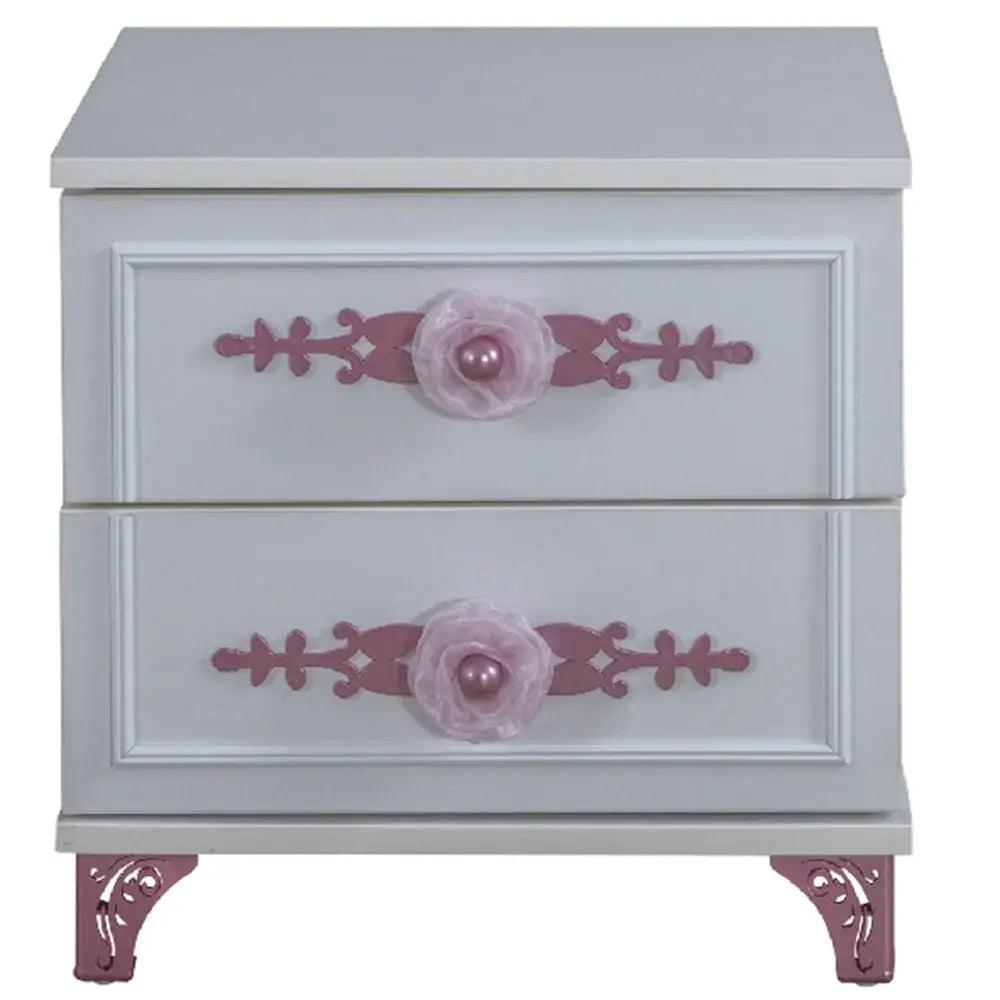 Queen Nightstand by Lynda Kids featuring white two-drawer design with pink floral handles