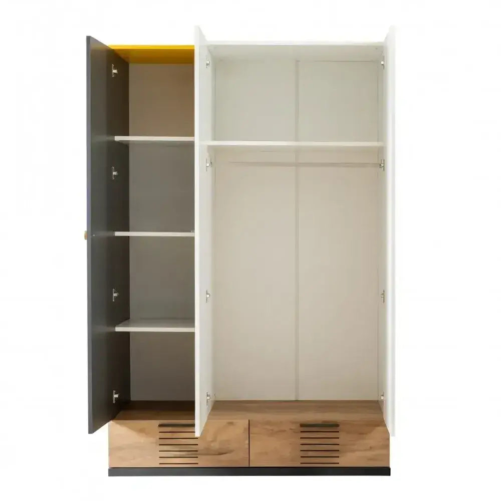 Relax Armoire by Lynda Kids featuring yellow top accent, interior shelving, hanging rod, and drawers