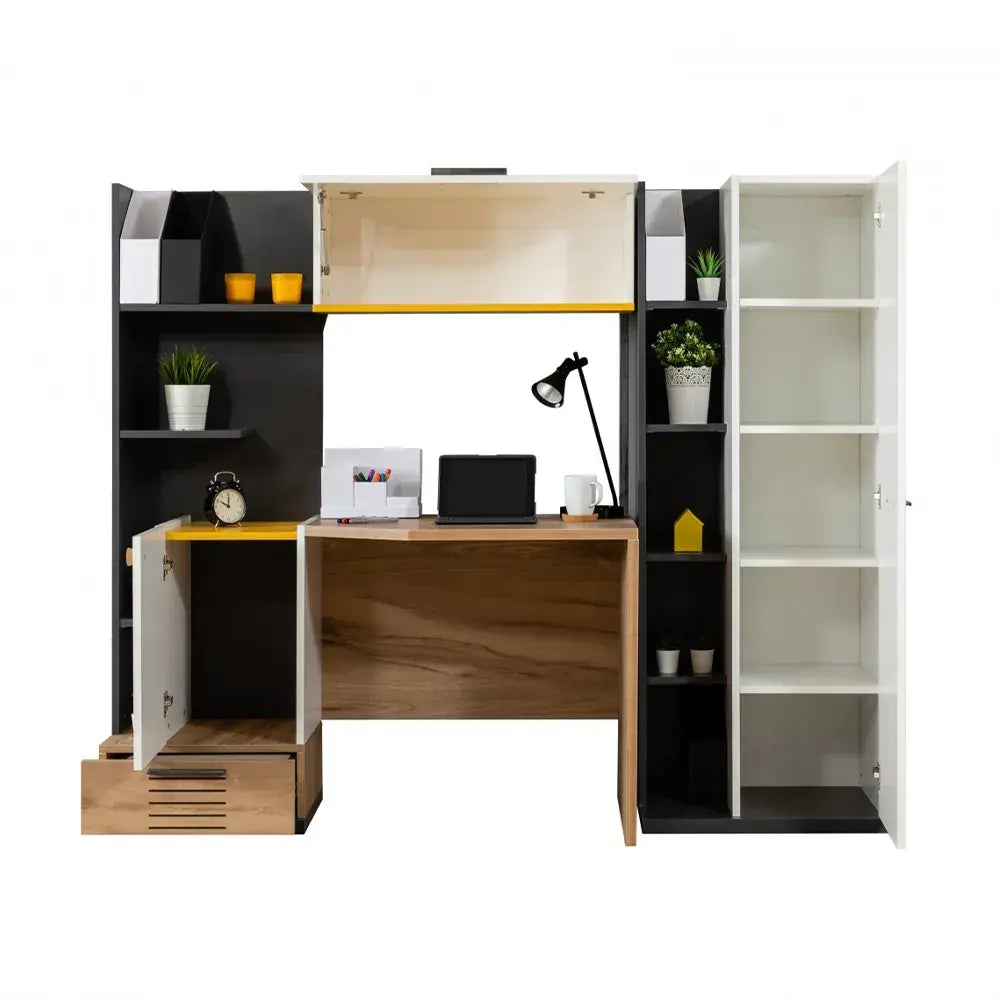 Relax Desk modern study desk and storage unit in black, white, and wood tones