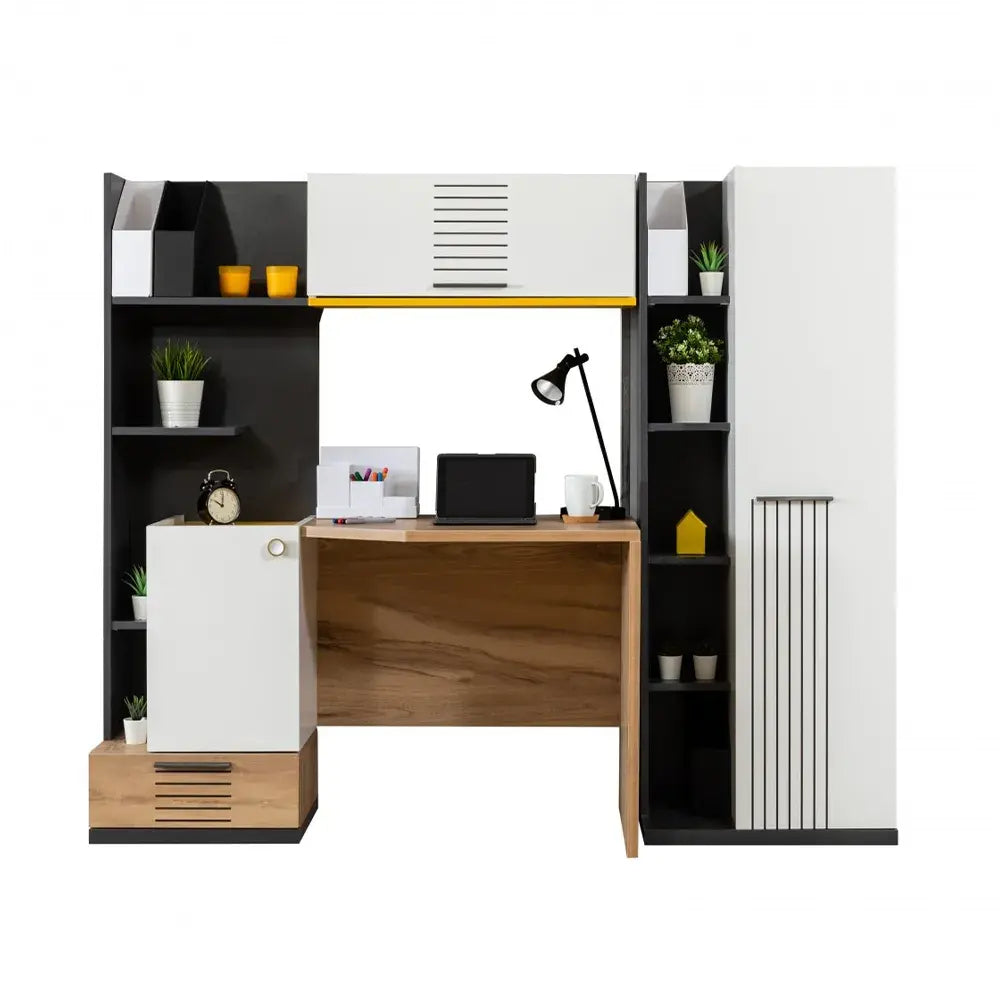 Relax Desk study unit with shelves and storage in white, black, and light wood finishes