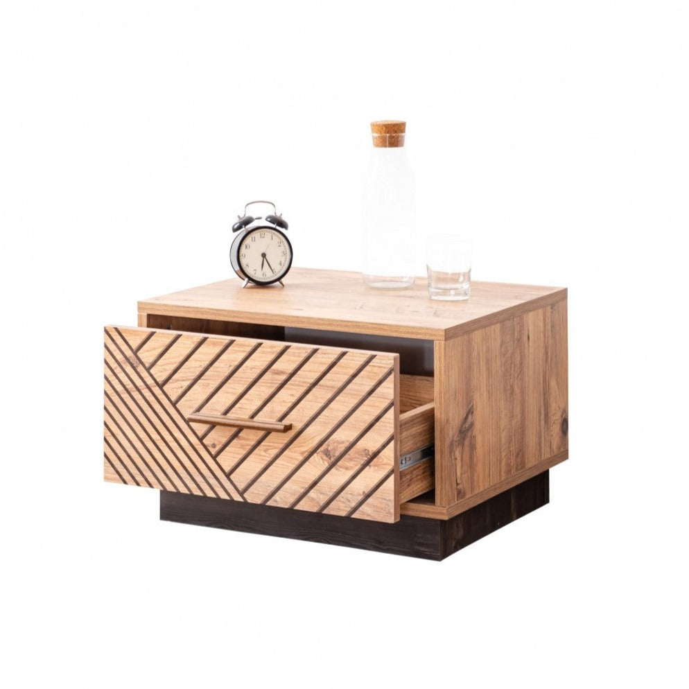 Antique Nightstand with geometric drawer, alarm clock, and glass accessories, Lynda Kids