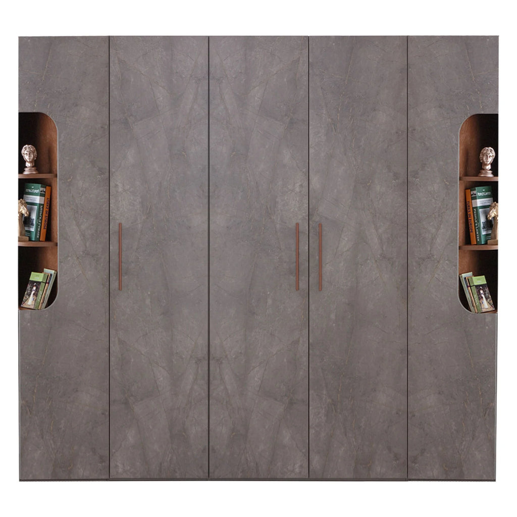 Ares Armoire with six doors, grey concrete finish, open shelving, and brown handles