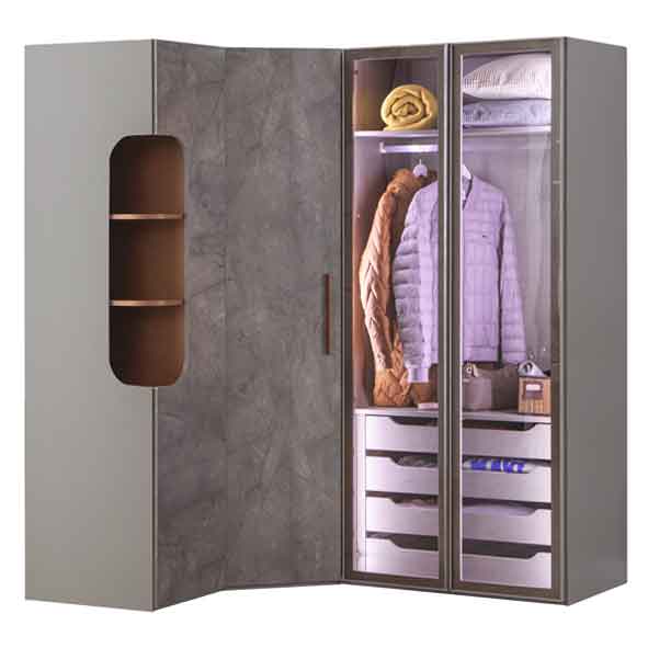 Ares Corner Armoire with textured gray doors open shelving and glass-front cabinets