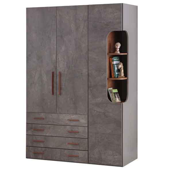 Ares Armoire in grey with four doors, drawers, and side shelving for Lynda Kids