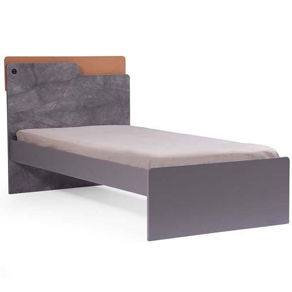 Ares Bed by Lynda Kids featuring a gray frame, textured headboard, and brown accent panel