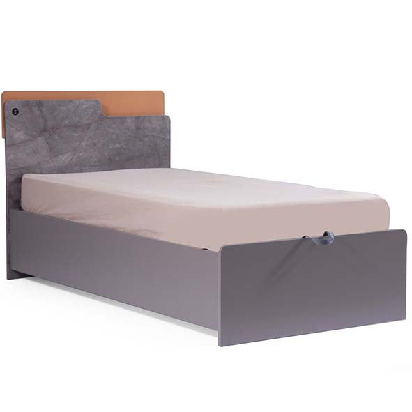 Ares Bed by Lynda Kids featuring a grey and orange single bed with mattress and pull-out drawer