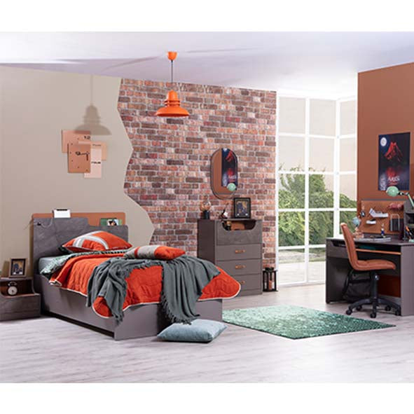 Ares Bed modern bedroom set with grey bed, dresser, desk, and orange red bedding