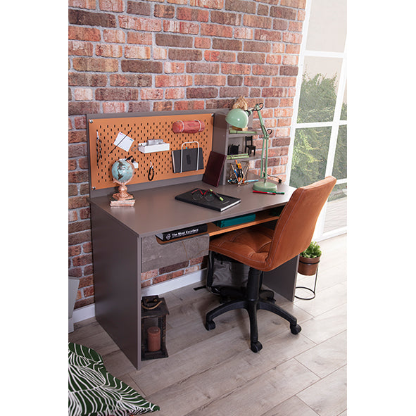 Ares Desk with brown wood, pegboard, and orange office chair for Lynda Kids workspace
