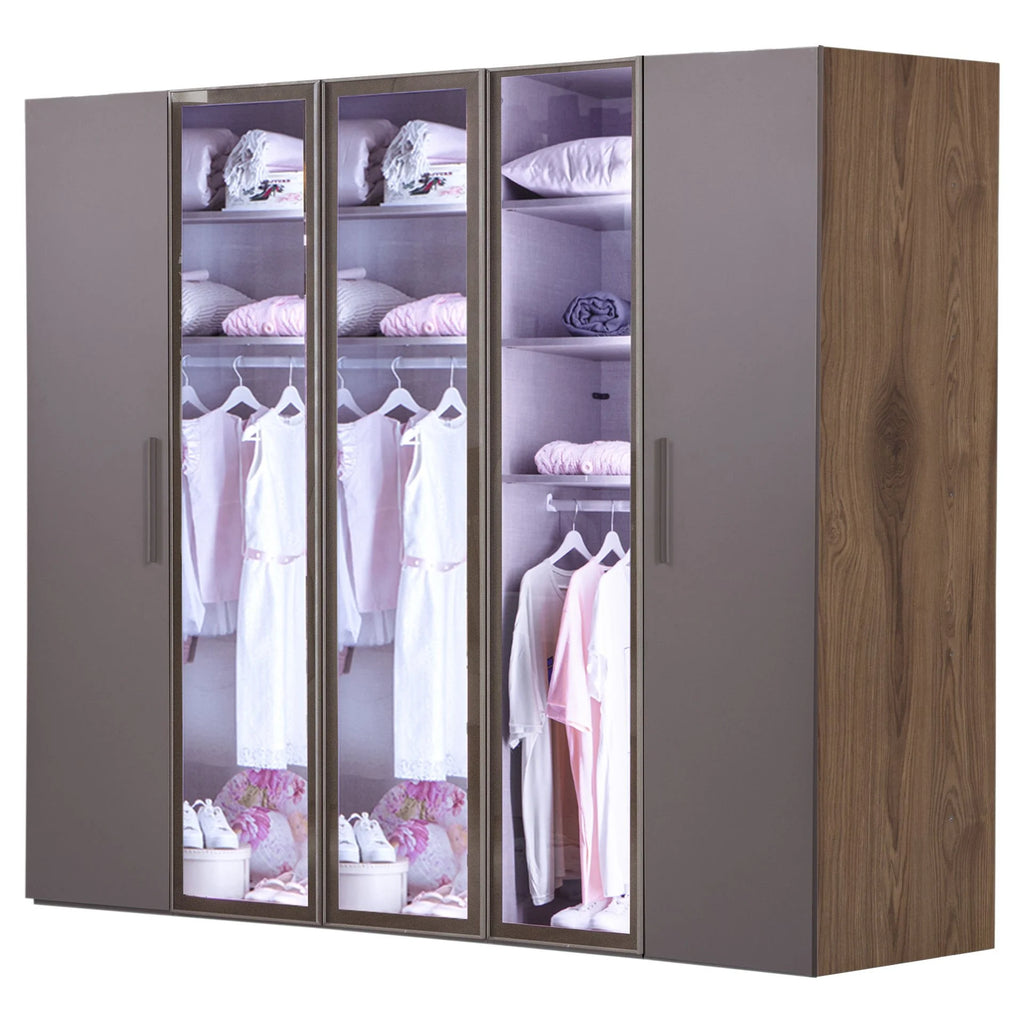 Atlas Armoire with glass doors, internal lighting, shelves, and hanging rails for Lynda Kids