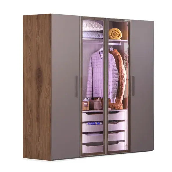Atlas Armoire by Lynda Kids featuring wooden side, gray doors, and glass display sections