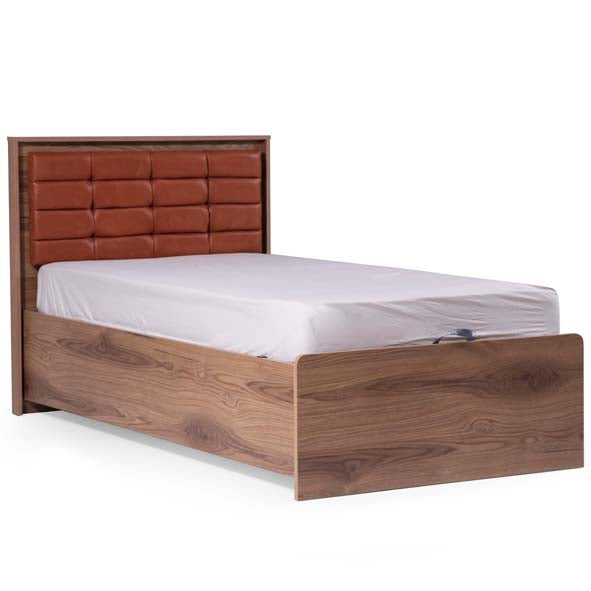 Atlas Bed by Lynda Kids wooden single bed with orange padded headboard and white mattress