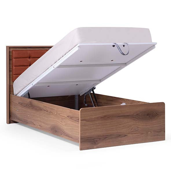 Atlas Bed by Lynda Kids with wooden frame, brown upholstered headboard, and under-bed storage