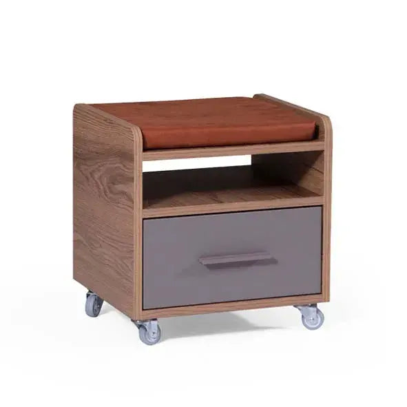 Atlas Nightstand with gray drawer, open shelf, brown cushion, on wheels for Lynda Kids