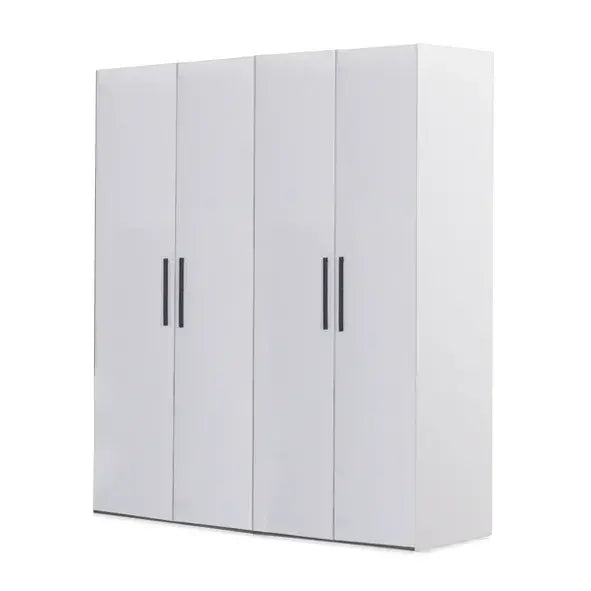 Atlas White Armoire featuring a white four-door design with black handles for Lynda Kids