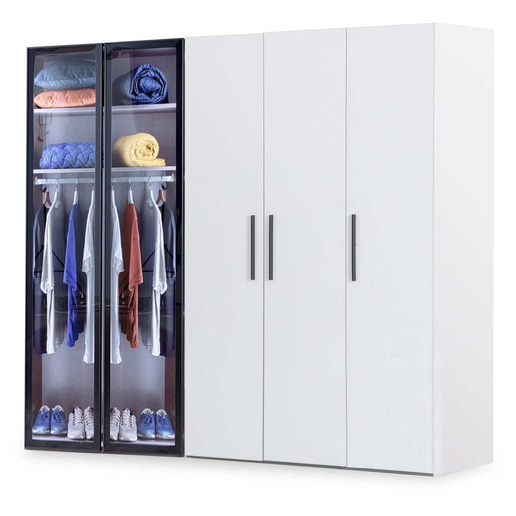 Atlas White Armoire with modular design, glass-front sections, and solid white doors