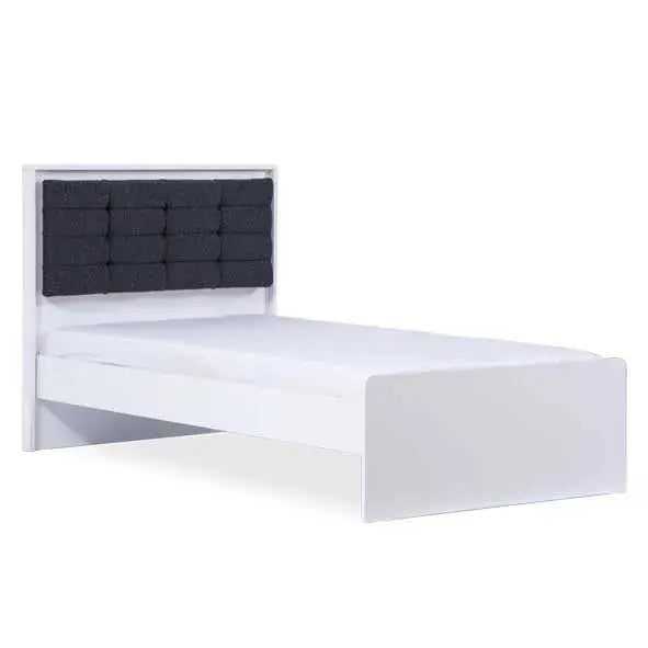 Atlas White Bed with a white bed frame and dark gray upholstered headboard