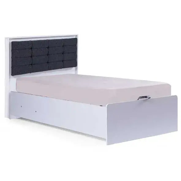 Atlas White Bed with Storage featuring dark gray upholstered headboard and pull-out drawer