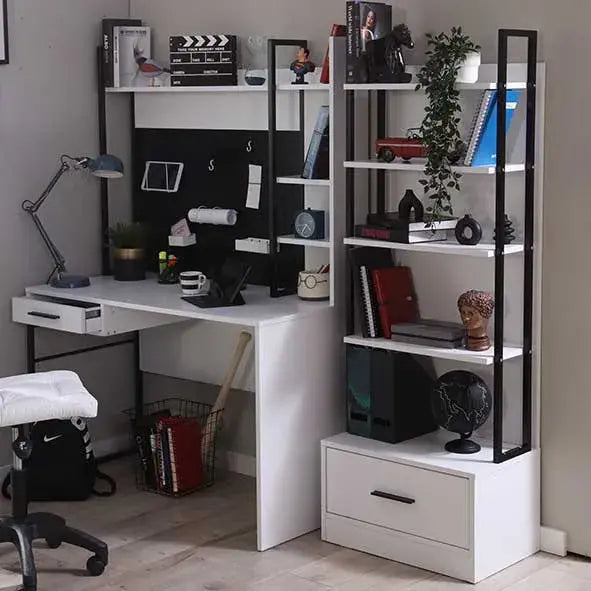 Atlas White Bookcase with L-shaped desk and shelving unit featuring black metal accents