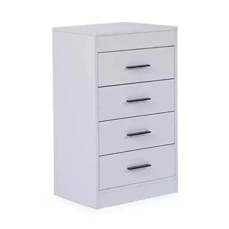 Atlas White Dresser featuring a sleek white dresser design with black bar handles