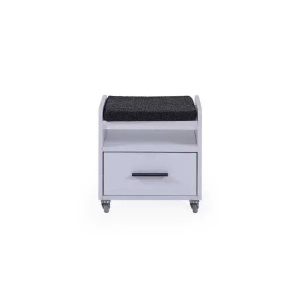 Atlas White Nightstand with black cushion top and single drawer on wheels