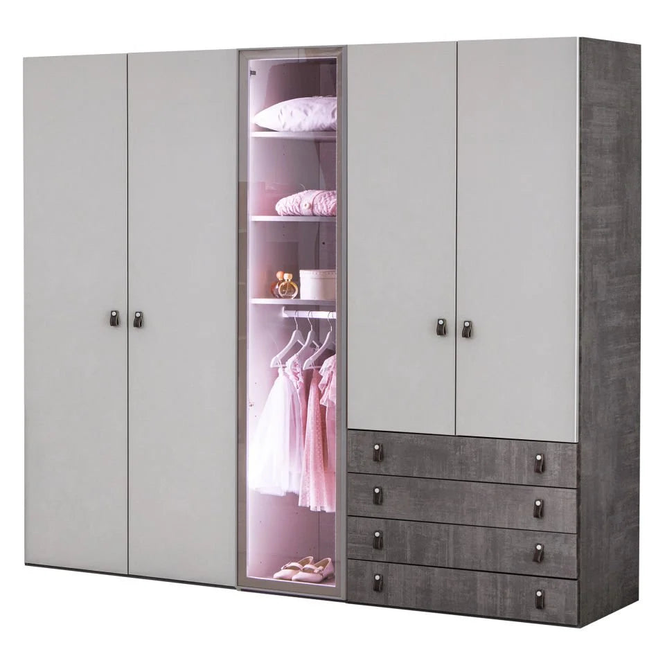 Aura Armoire by Lynda Kids with light gray and dark wood-grain finishes, glass display