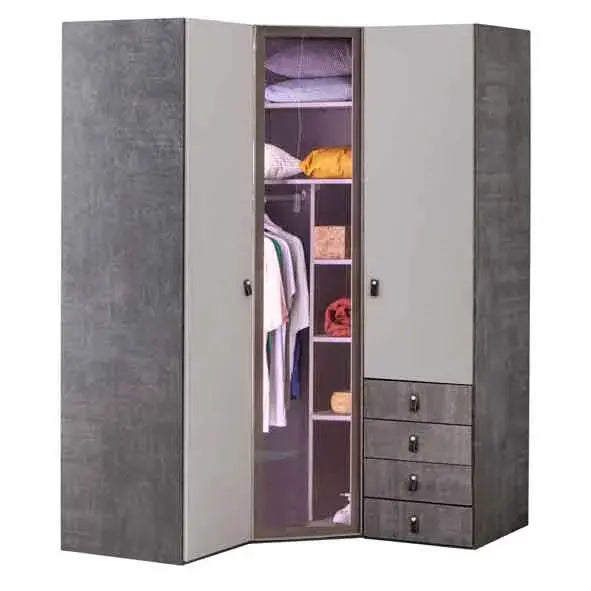 Aura Corner Armoire with drawers, hanging space, and shelves, ideal for Lynda Kids rooms