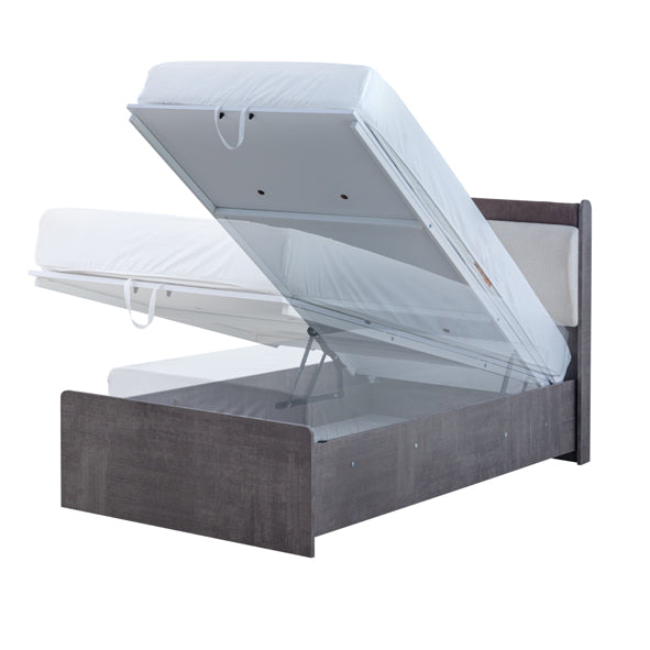 Aura Bed by Lynda Kids with dark wood storage bed and white mattress lifted