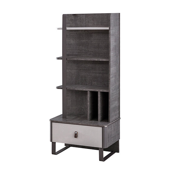 Dark gray and light gray Aura Bookcase with shelves and cubbies for Lynda Kids