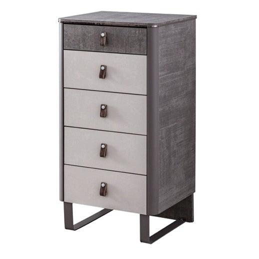 Aura High Dresser by Lynda Kids with dark gray frame light gray drawers and black leather pulls