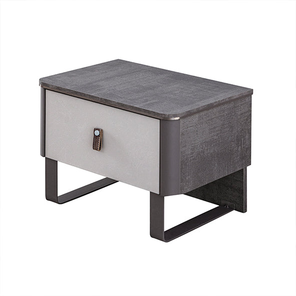 Aura Nightstand with dark grey top, light grey drawer, and dark metal legs for Lynda Kids