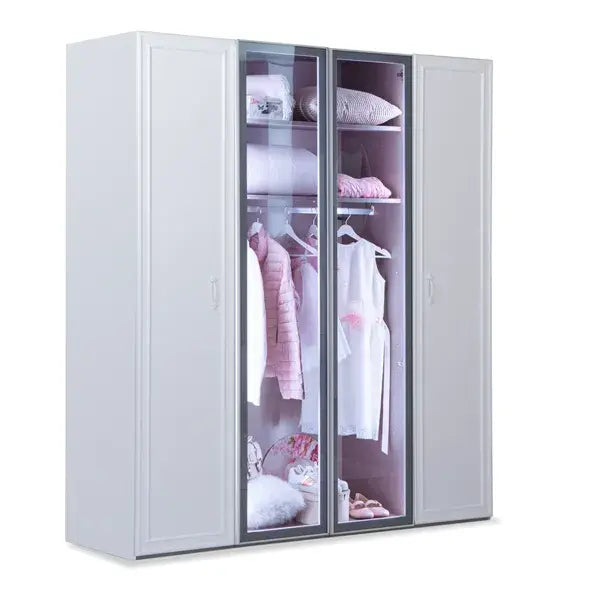 Isabella Armoire by Lynda Kids with white doors and glass display for clothing storage