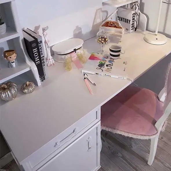 Isabella Desk with white wood finish and pink velvet chair, perfect for Lynda Kids room