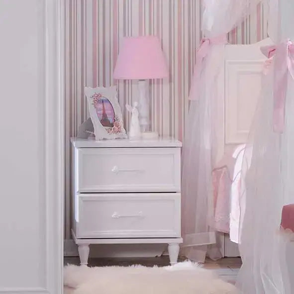 White Isabella Nightstand with pink lampshade and decorative picture frame for Lynda Kids